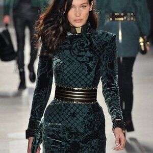 Balmain for H&M Velvet Green Floral Long Sleeve Gold Zip Dress Size 4